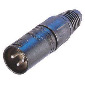 3 pole male cable connector with black metal housing and gold contacts