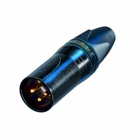 3 pole male cable connector with black metal housing and gold contacts